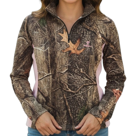 Huntworth Ladies Quarter Zip Camo Pullover Pink Accent Oak Tree Size Small NWT - Picture 1 of 12